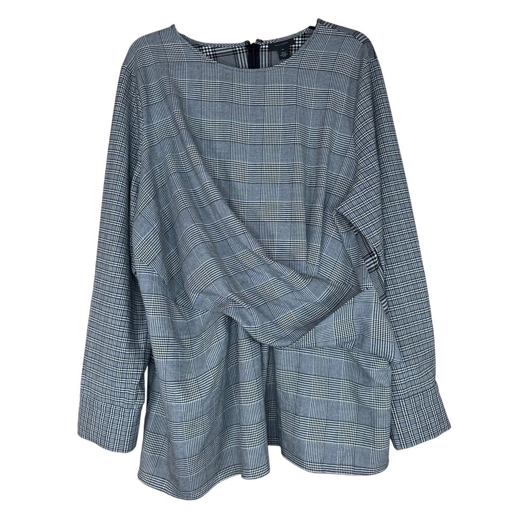Halogen 2X Black White Plaid Houndstooth Faux Tie Waist Shirt Long Sleeve Blouse